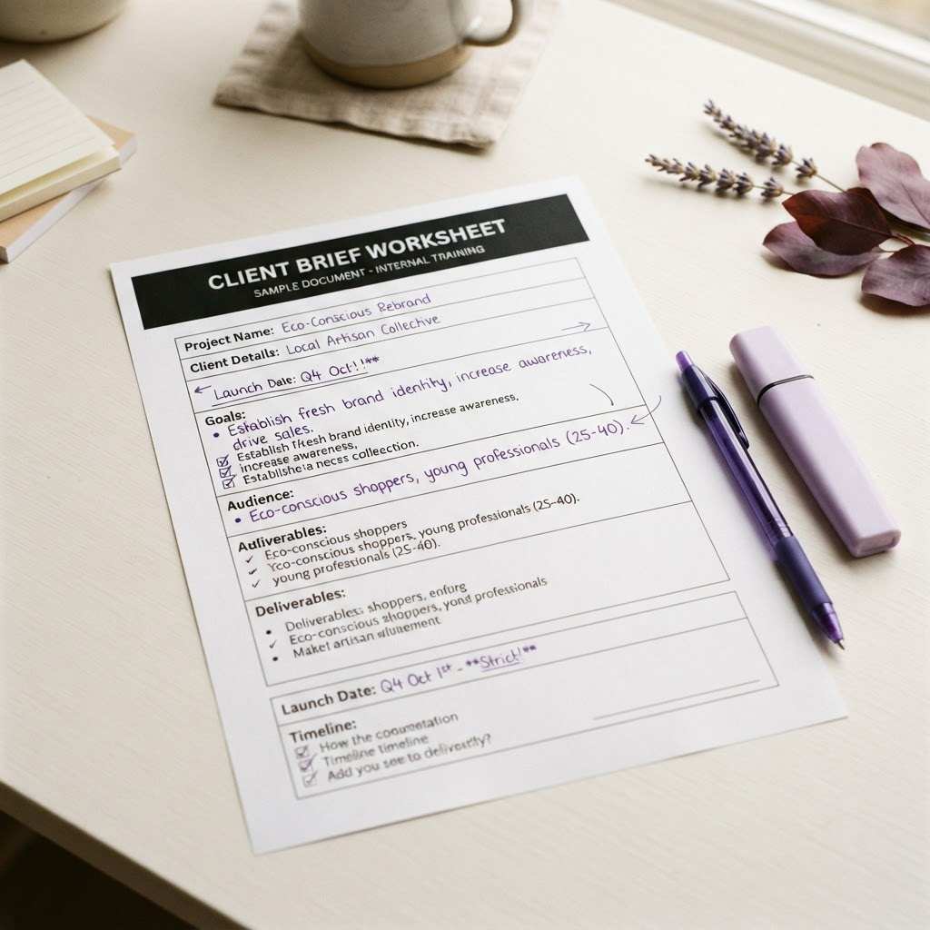 A sample client brief worksheet used in the course, annotated with practice notes